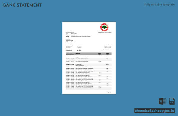 Beispiel eines Kontoauszugs der Bangladesh Rupien (Excel-Vorschau)